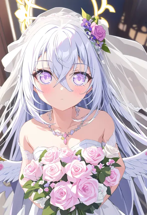 azusa \(blue archive\),addxl, 1girl 1other alternate_costume angel_wings bare_shoulders blush bouquet breasts bridal_veil bride ...