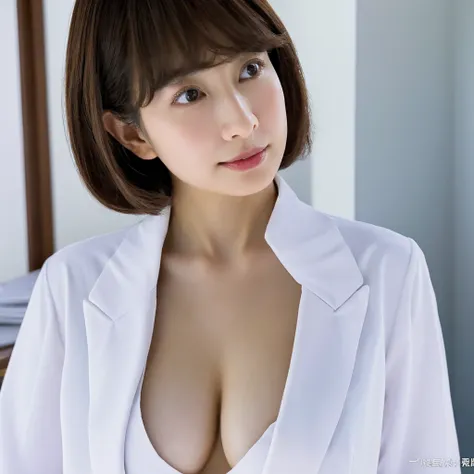 Close-up of a beautiful Japanese middle-aged woman,Brown short hair、 40 inch huge breast size, He is wearing a white shirt and a navy suit, At work, Everyday scenes, Ultra-high resolution 