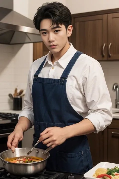 A tall, handsome man stands in the kitchen, wearing only a apron, completely naked, holding a frying pan and skillfully stir-frying the ingredients. Suddenly, a dancing flame rises from the pan, 32k, best quality, masterpiece, super detail, high details,