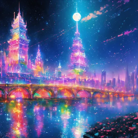 metropolitan、Colorful Metropolitan Museum of Art、River painting with stars and moon in rainbow sky、the met、Shining skyscrapers、Shine across the board、Skyscrapers、Concept art inspired by Mitsuoki Tosa、pixiv contest winners、top-quality、Fantasyart、beautiful a...