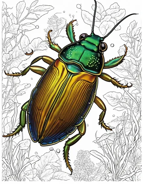 japanese predacious diving beetle, white background, 5-6 year olds will love this coloring book,