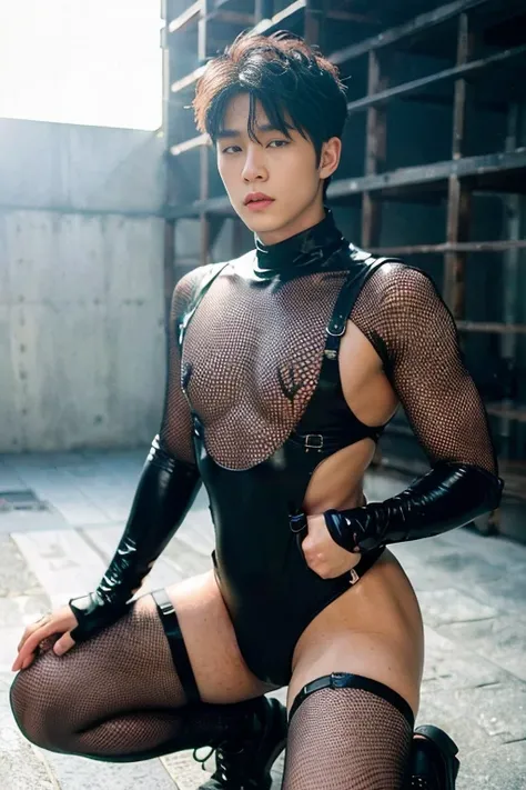 ((Best Quality, 8K, ultra-detailed, Masterpiece: 1.3)), 1boy, shiny skin, sharp, Perfect Body Beauty, realistic shaded perfect body, (kpop idol:1.1),("mesh bodysuit, techwear,big bulge ":1.2),("leggins , armor":1.1),("glove, armor":1.1 ),(techwear)(dynamic...