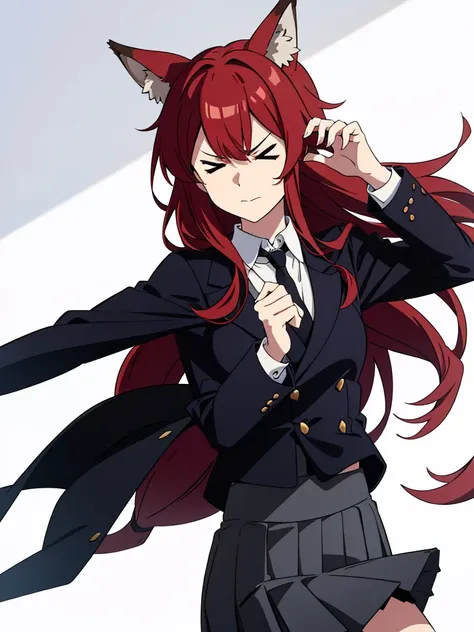 1girl ,solo,20s,mature female,red hair,long hair,fox ears,(white background),shirt,black standard tie,blue blazer,long sleeves, black pleated skirt,(upper body),> <, closed eyes