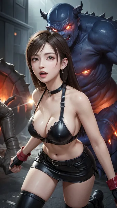  {Top Quality, Masterpiece}, BREAK {{{FF7,Tifa_lockhart}}},(5 monsters and Tifa_lockhart fight:1.5), (multiple monsters, surrounded), (A dark, barely lit monster den:1.3), BREAK (Light Brown Hair, Large breasts: 1.2), BREAK ((Surrounded by monsters:1.5)), ...