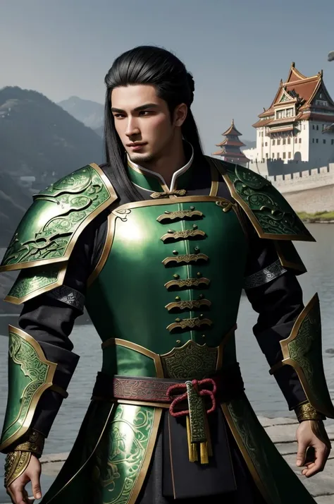 ((young man with ancient chinese hairstyle))、whole body ,(green metal armor, metal dragon head on the shoulder, holding a sword,...