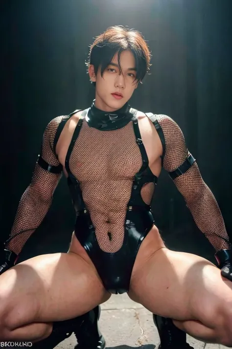 ((Best Quality, 8K, ultra-detailed, Masterpiece: 1.3)), 1boy, shiny skin, sharp, Perfect Body Beauty, realistic shaded perfect body, (kpop idol:1.1),("mesh bodysuit, techwear,big bulge ":1.2),("leggins , armor":1.1),("glove, armor":1.1 ),(techwear)(dynamic...