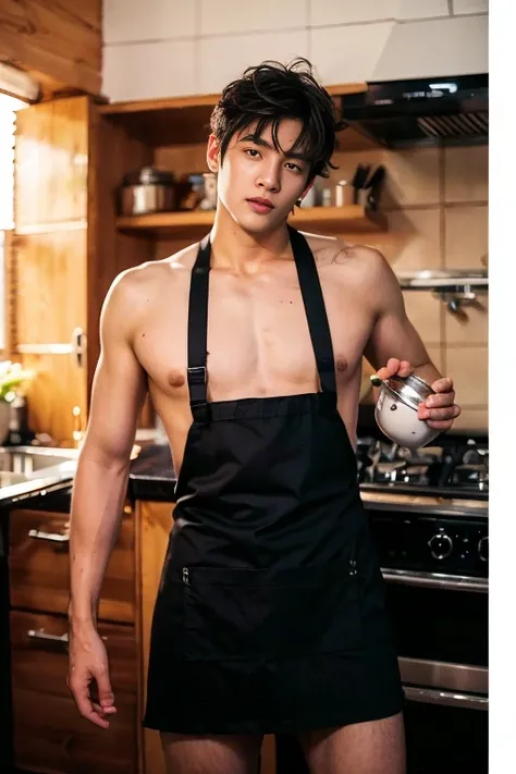 A tall, handsome man stands in the kitchen, wearing only a micro apron, completely naked, holding a frying pan and skillfully stir-frying the ingredients. Suddenly, a dancing flame rises from the pan, 32k, best quality, masterpiece, super detail, high deta...