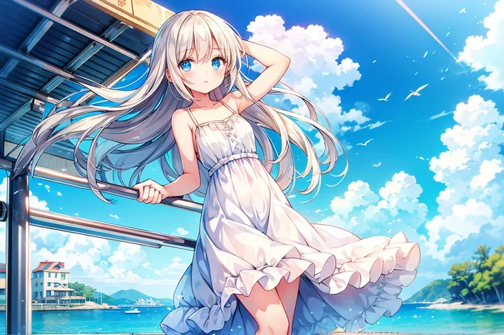 masterpiece, best quality, high resolution, extremely detailed CG, Post-apocalyptic, a girl in a white dress on a broken white platform on the sea,  a deserted bus stop on the platform, a few pieces of concrete scattered in the water, blue sky, fresh, simp...