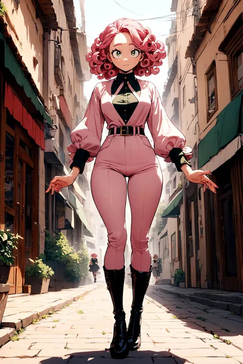 My hero academia, female with curly pink hair green eyes and freckles, full body, cute outfit