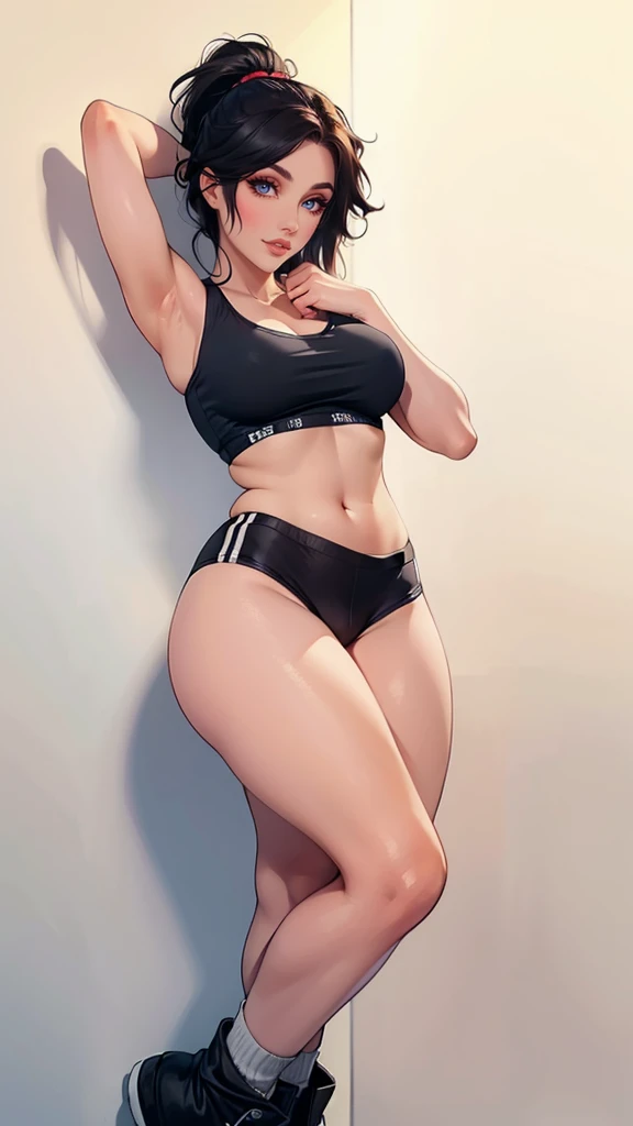 ((masterpiece)),(((best quality))), ((vulgar)), thick thighs, 1girl, black hair, curvy, wearing tank top, shorts, knee socks, SFW, simple background, posing sexy