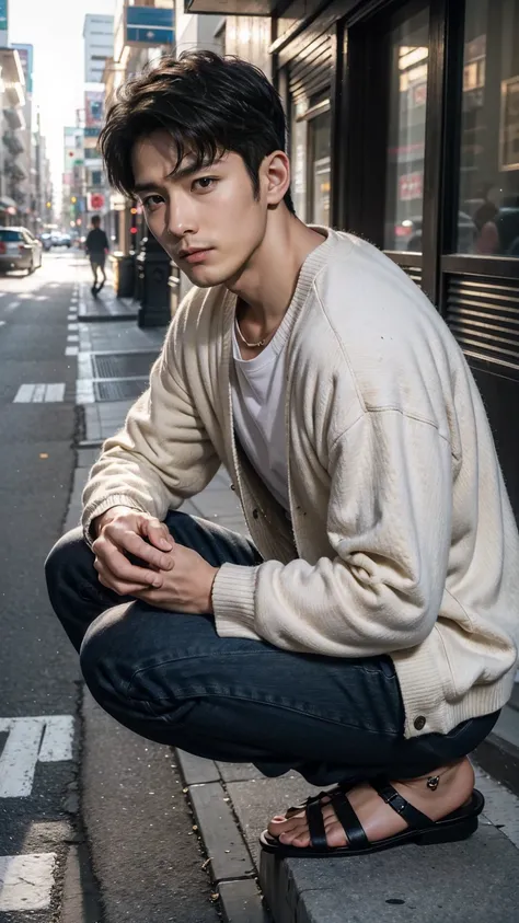 in this fascinating photo、a handsome 35-year-old korean man with a beam、he is wearing a white shirt, a black cardigan, grey swea...