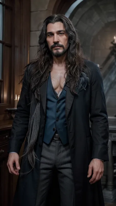 a photo of a (((croockerd and curved man))) with long hair and a beard wearing a classic black suit and a long tail coat, short middle curly brown hair,(((Blue grey skin))), house bolton,Sirius black with mustach, hair  messy and unkempt, curved crooked bo...