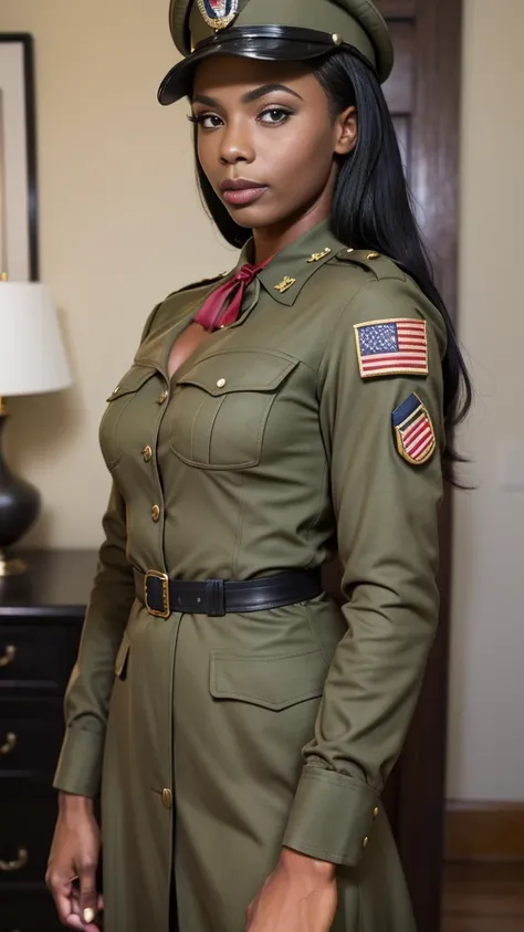 arafed woman (), detailed curly black hair, hourglass figure, athletic build, tan skin, soft lighting, 1940s army captain outfit...