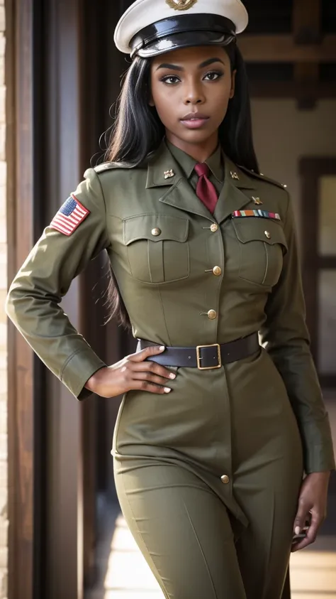 arafed woman (), detailed curly black hair, hourglass figure, athletic build, tan skin, soft lighting, 1940s army captain outfit...