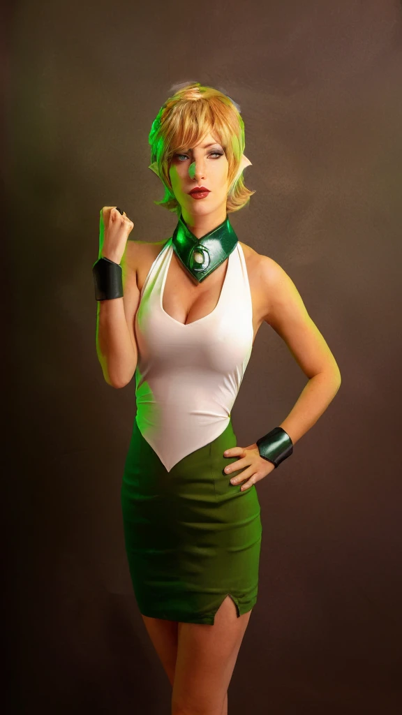 blond woman in green and white outfit posing for a picture, tatsumaki from green lantern , arisia rrab, ((pointed ears))
 cospla...