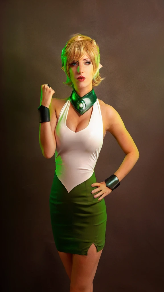 blond woman in green and white outfit posing for a picture, tatsumaki from green lantern , arisia rrab, ((pointed ears))
 cospla...