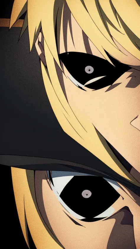 one eye close up,blonde,black sclera.black eye