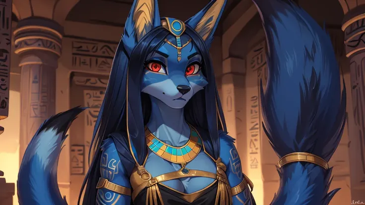 highres adolescente, zorra add_details:1, furry, dark blue skin with aqua blue, hairy,anubis, egyptian goddess, arabic clothing(...