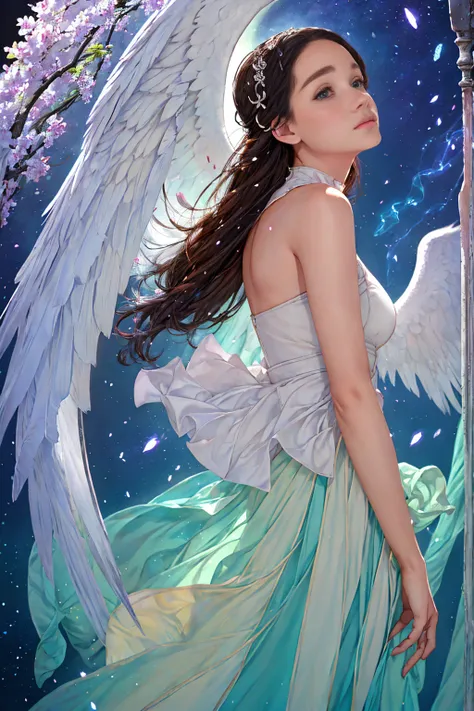 Emilia Clarke, angel big white wings, by rubio, long braided hair,(8k, Best Quality, Masterpiece:1.2),(Best Quality:1.0), (ultra high resolution:1.0), watercolor, A pretty woman, shoulder, hair bands, by agnes cecile, whole body, extremely bright shiny des...