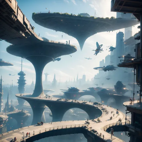 Create surreal works of art of the future, Imagine a city floating in the sky., With a complex architectural structure and advanced technology.. Paint the city of the future with lots of details., Capture bright light, Suspended platforms and flying vehicl...