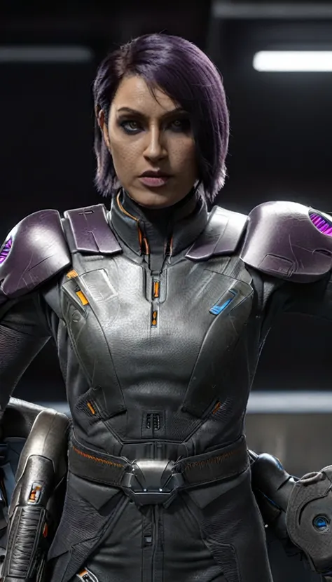 professional 3d model cinematic scene, sabine wren, silver armor huge breasts, ghost in the shell, detailed background, masterpi...