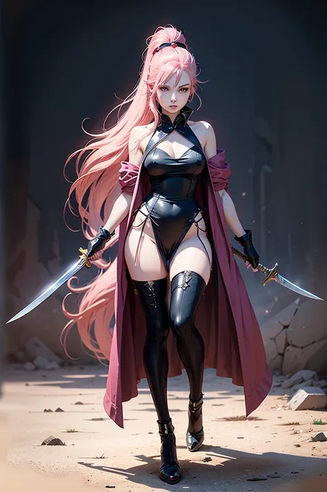 an anime girl with an ultra long pink hair and a pink outfit, holding a sword, 1girl, solo, long hair, pink hair, looking at vie...