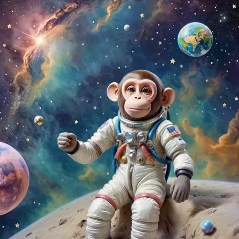 anime, drawing of a monkey astronaut floating in space, in a vintage space suit with a serene expression. the background feature...