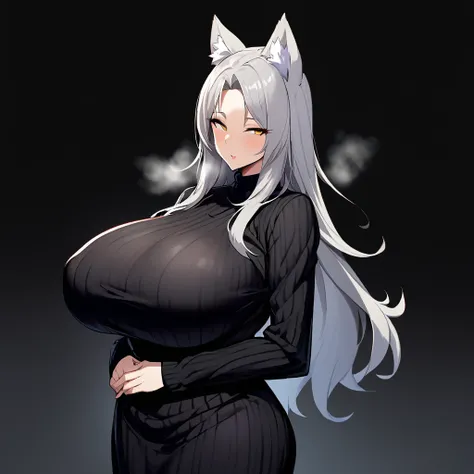 1girl,solo,Mature Women,Females in heat,grey hair color,long hair,wolf ears,blonde eyes,slanted eyes,super huge breasts,slender,black knit long sleeves,breath,amorous glance,looking at viewer,near,standing up,black background