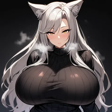 1girl,solo,Mature Women,Females in heat,grey hair color,long hair,wolf ears,blonde eyes,slanted eyes,super huge breasts,slender,black knit long sleeves,breath,amorous glance,looking at viewer,near,standing up,black background