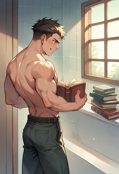 A man with a book in the bathroom