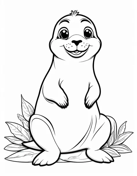 sesame seal, black and white outline art, all white coloring pages, sketch style, white background, cartoon style,