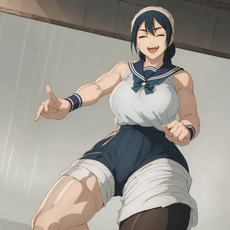 masterpiece,highres,high quality,extremely detailed,solo
looking at viewer,smile,open mouth,one eye closed,
RikoAmanai,1girl,
single braid,
head scarf,
serafuku,blue ribbon,
, (Fighting sexy pose), (Wrestling ring), (Big tits), (Wide Hips),
pantyhose,
styl...