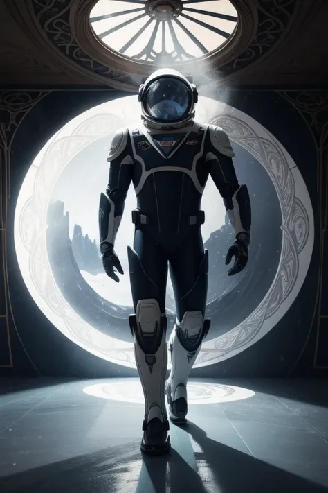 1man, Art Nouveau Style, heavy ink lines,Low angle , floor , Daytime lighting in a frozen environment, floor com neve,  astronaut wearing space suit is walking on the ice planet and observes something impressed by an alien structure , full body photography...