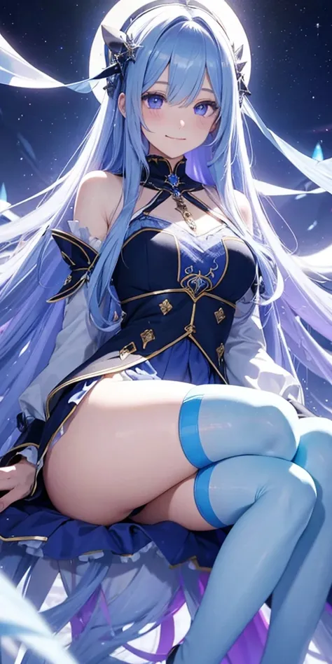 Blue long hair, using long socks,left eyes blue,right eyes purple, having a light blue glowing hallow at head with a crystal design, look foward, closing mouth, smile,innocent and cute face,dressed in aristocratic clothes, Royal clothe design,teenage body,...