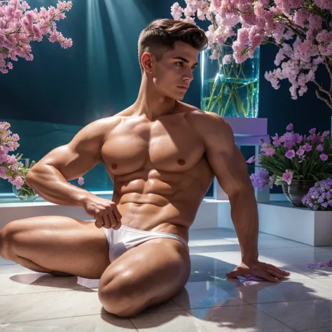 handsome Young man, Very good figure,short haircut,white skin,Not wearing a shirt  ,wearing bikini underware create a hyper realistic a beautiful posture completely transparent crystal anthropomorphic glass  curve filled with vibrant multicolored flowers L...