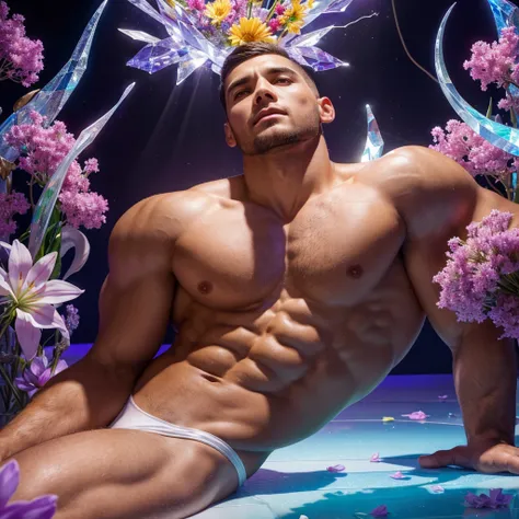 handsome Young man, Very good figure,short haircut,white skin,Not wearing a shirt  ,wearing bikini underware create a hyper realistic a beautiful posture completely transparent crystal anthropomorphic glass  curve filled with vibrant multicolored flowers L...