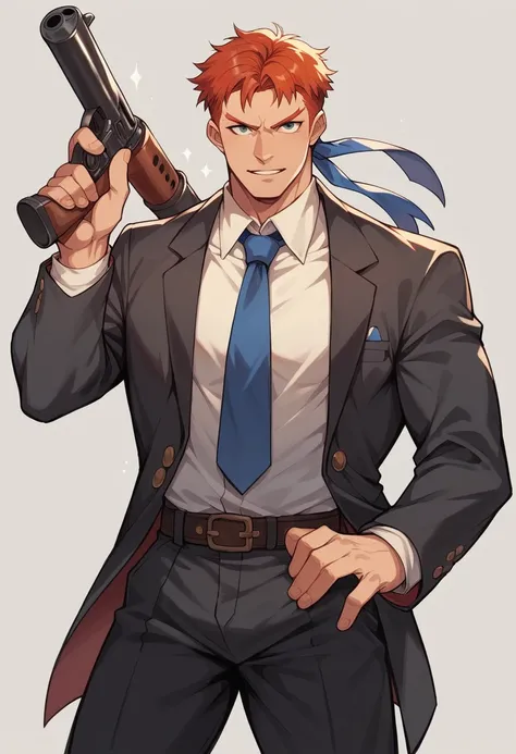 generates a grown man, wearing suit, with Scottish features, redhead and is holding a shotgun, he is strong and a former street fighter