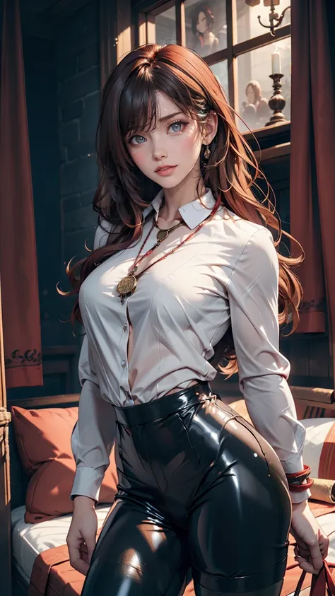 2D, masterpiece, Highest quality, anime, Highly detailed face, Highly detailed eyes, Highly detailed background, Perfect lighting, One girl, alone, whole body, Are standing, Latex Legwear, White shirt, Redhead, Amulets 、Sexy proportions、Sexy