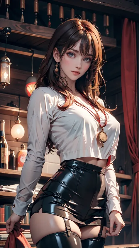 2D, masterpiece, Highest quality, anime, Highly detailed face, Highly detailed eyes, Highly detailed background, Perfect lighting, One girl, alone, whole body, Are standing, Latex Legwear, White shirt, Redhead, Amulets 、Sexy proportions、Sexy