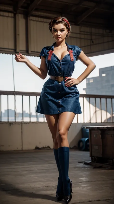 A Rosie the Riveter-inspired pin-up, her outfit and pose echoing the iconic image, set against a backdrop of a 1940s factory, the scene a vibrant, engaging homage to the women who worked on the home front during WWII.