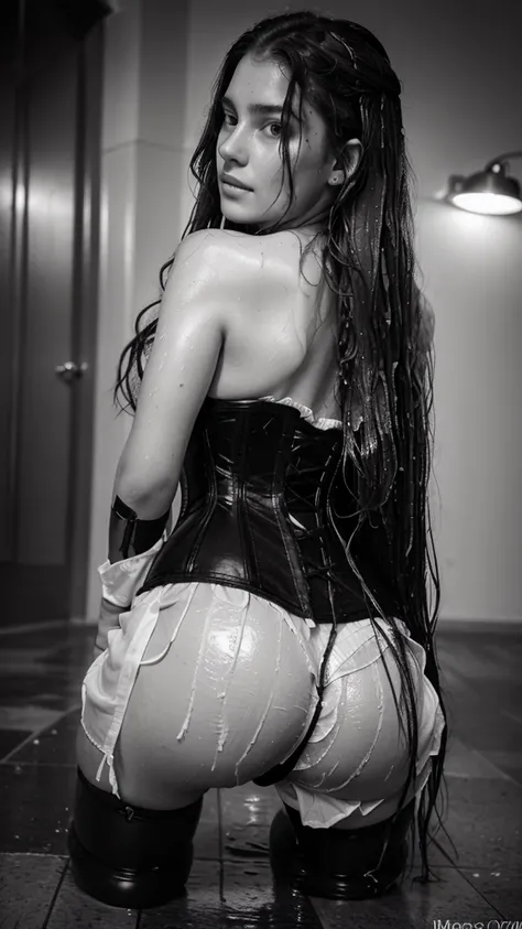 ((photo old camera black and white))Masterpiece, Best Quality, super detailed, 18 year old girlwavy brown hair long hair abundant beautiful hair (all wet).dressed in a corset .on her knees with her very beautiful ass .