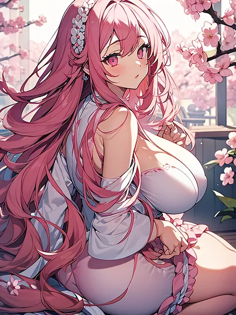 1woman, long curly pink hair, white flower on the hand, make-up, pink eyes, pink lipstick, serene face, pink and white kimono, long white stockings, pink shoes, big breasts, big ass, japanese house background