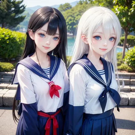 best quality, masterpiece, 

Three Japanese-high-school-girls, 

looking straight ahead and striking a gutsy pose are standing (separately:1.4), side by side, 

wearing  a short-sleeved Japanese-blue-high-school-sailor-suit,

(Japanese-blue-high-school-sai...