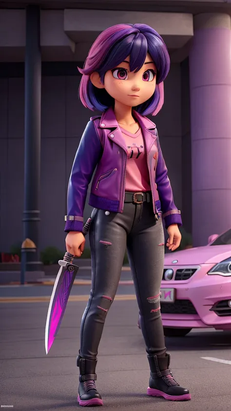 Asian woman with pink eyes and dark blue hair with bangs divided into three strands, with part of the strands dyed pink, She wears a black leather jacket with a purple shirt underneath holding a katana in a sheath that is clipped to her dark gray jeans wit...