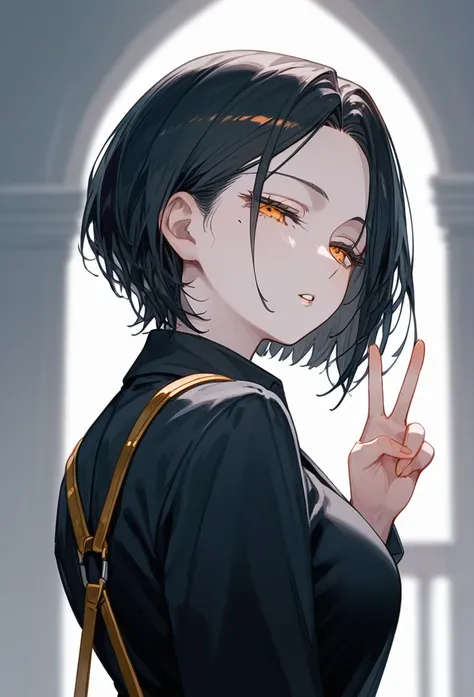 masterpiece, Score_9, Score_8_up, Score_7_up, rear view, 1 woman, alone, dark black hair, very short hair, long parted bangs, gold and orange eyes, half-closed eyes, parted lips, expressionless, pale skin, large breasts, top body,
 Long open bangs, with a ...