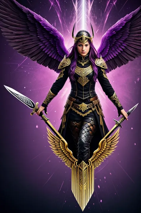 Create a logo that says Valhalla with violet tones,black and gold, with some wings,sword,hull