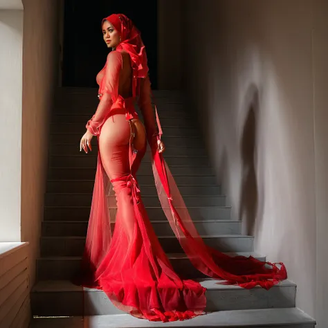 a woman in the translucent red gown, tight full body tied, transparent very long gown, nipple on with nipple piercing, wearing translucent veils, full body expose under gown, modern hijab, full body, long tail gown,mermaid tight long gown, flowy dramatic l...