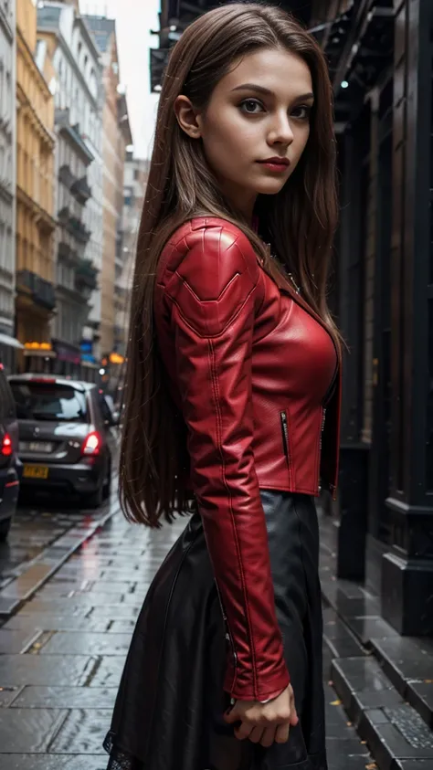 Extremely detailed photo of a woman, loraelizabeth, Scarlet Witch, avengers, wearing a black lace dress, open red leather jacket, 8k hd, raw photography, model photo shoot