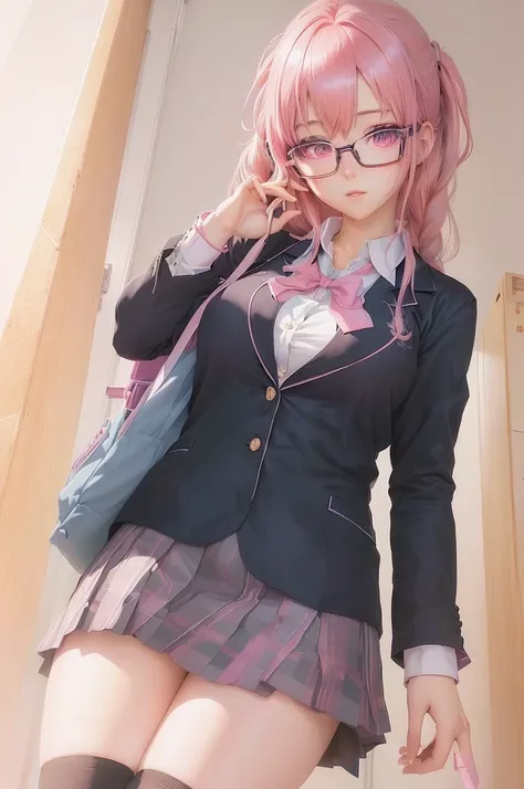 anime girl Wearing glasses and a pink hair in a , Beautiful anime school girl, hyperRealistic school girl, Realistic school girl, Surreal , Smooth anime CG art, Gweiz-style artwork, Enchanting anime girl, Zerochan Art, Soft anime illustration, Wearing glas...