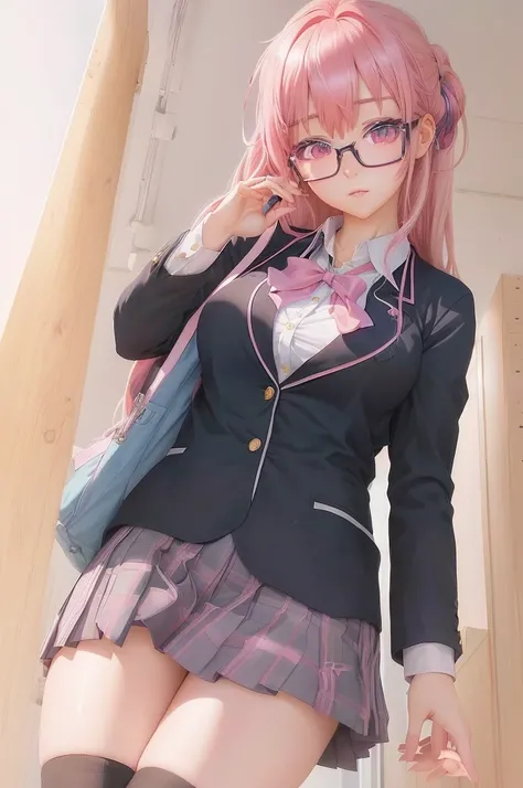 anime girl Wearing glasses and a pink hair in a , Beautiful anime school girl, hyperRealistic school girl, Realistic school girl, Surreal , Smooth anime CG art, Gweiz-style artwork, Enchanting anime girl, Zerochan Art, Soft anime illustration, Wearing glas...